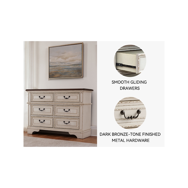 Bowery Hill 6 Drawer Double Dresser in White and Brown
