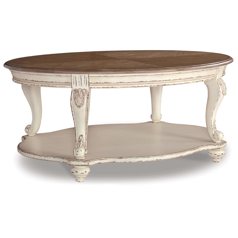 Bowery Hill Oval Coffee Table in Chipped White and Brown