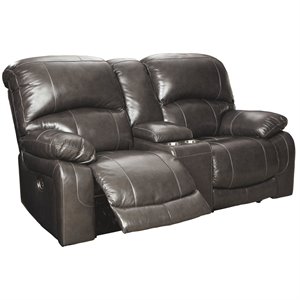 bowery hill leather power reclining loveseat in gray