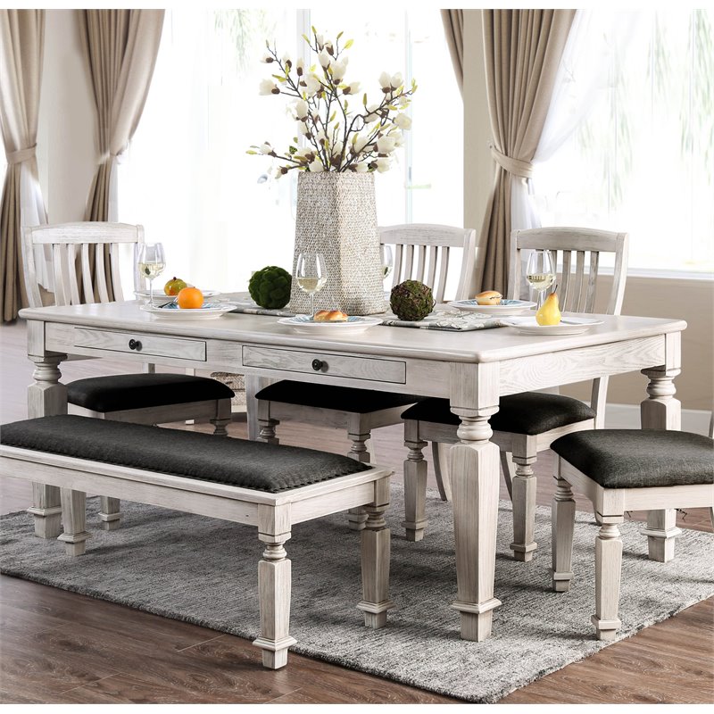 Bowery Hill 4-Drawer Transitional Wood Dining Table in Antique White
