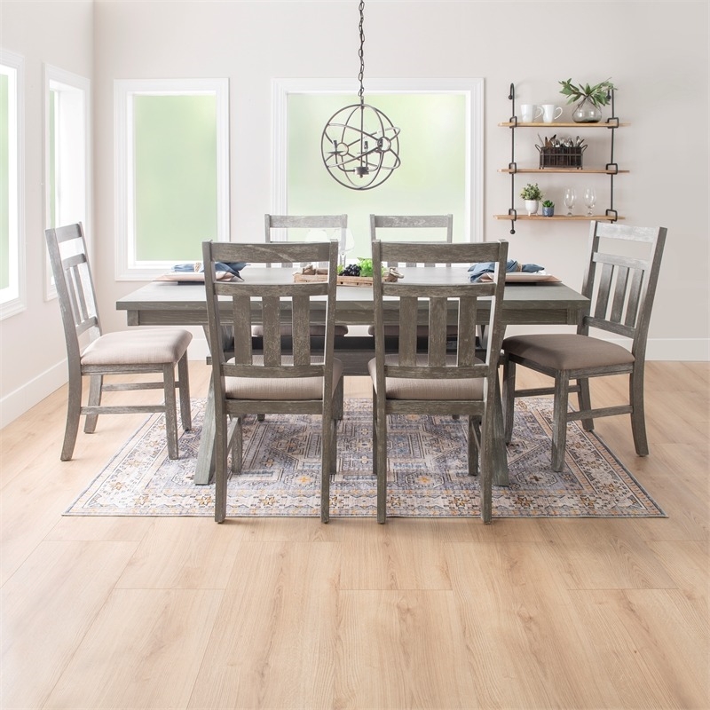 Bowery Hill 7-Piece Padded Seats Wood Dining Set in Weathered Gray/Tan