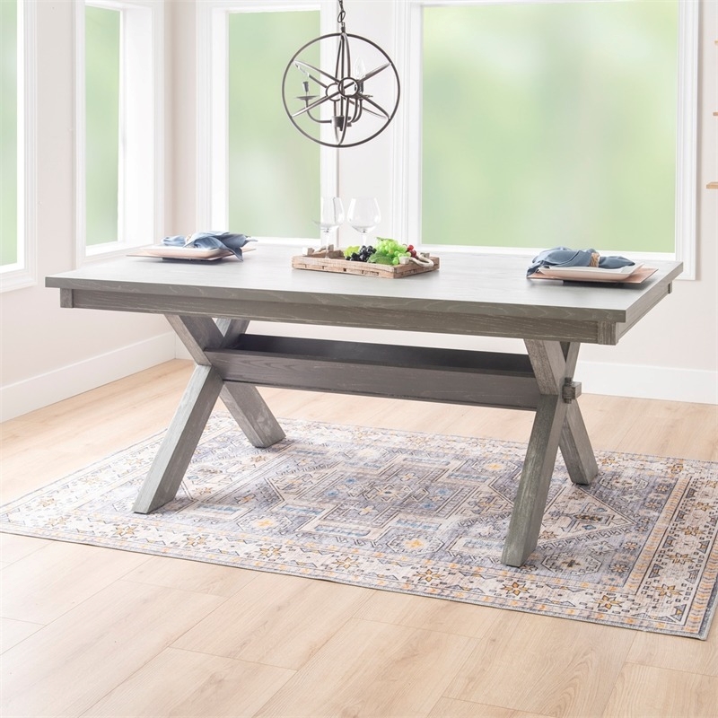 Bowery Hill 7-Piece Padded Seats Wood Dining Set in Weathered Gray/Tan