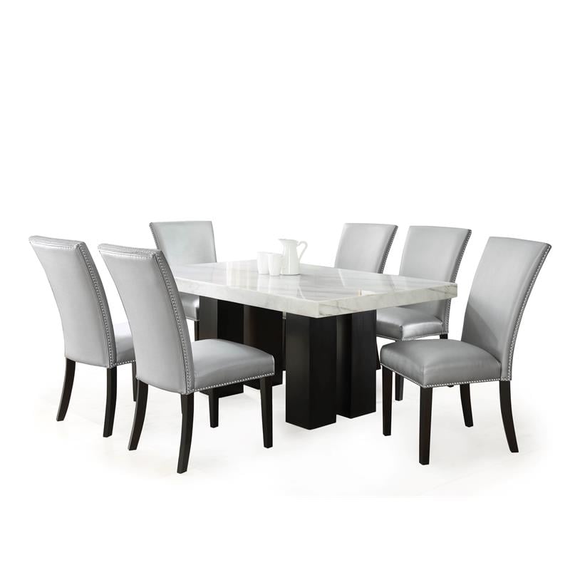 Bowery Hill Marble Top Rectanglular 7 Piece Dining Set in Silver