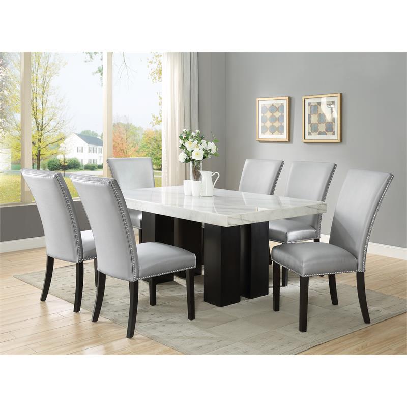 Bowery Hill Marble Top Rectanglular 7 Piece Dining Set in Silver