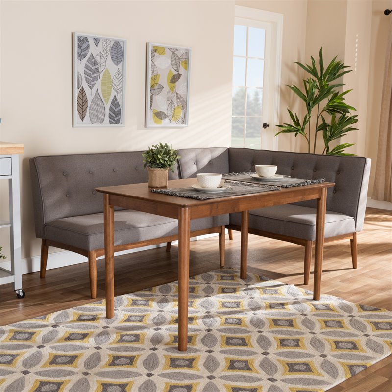 Bowery Hill Modern Tufted Fabric 3 Piece Wood Dining Nook Set in Gray