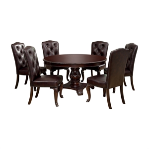 Bowery Hill Solid Wood Brown Cherry Dining Set Round Button Tufted Pedestal Design 60&quot Unassembled