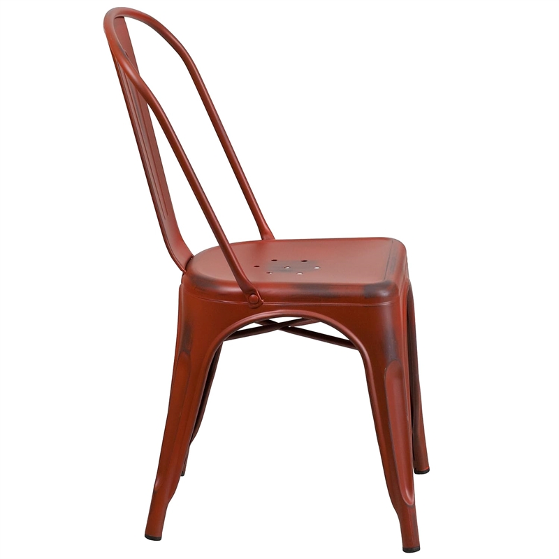 Bowery Hill Metal Curved Slat Back Dining Side Chair in Distressed Kelly Red