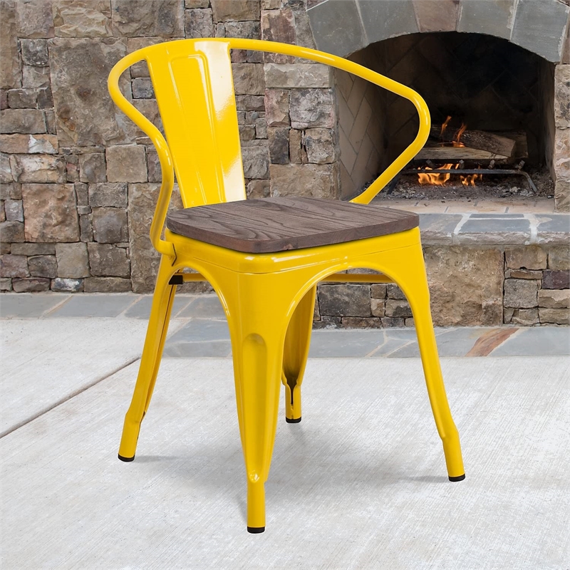 Bowery Hill Metal Dining Arm Chair in Yellow