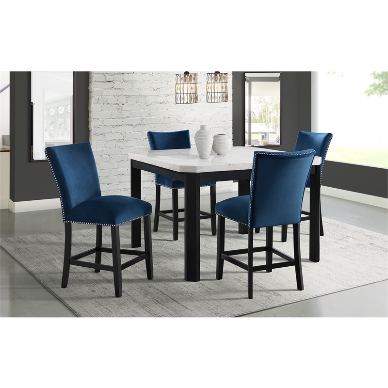 Bowery Hill Velvet Upholstered Counter Height Dining Chair in Blue (Set of 2)