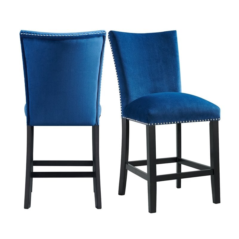 Bowery Hill Velvet Upholstered Counter Height Dining Chair in Blue (Set of 2)