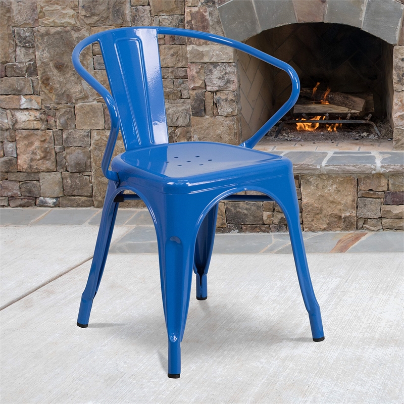 Bowery Hill Metal Stackable Dining Arm Chair in Blue