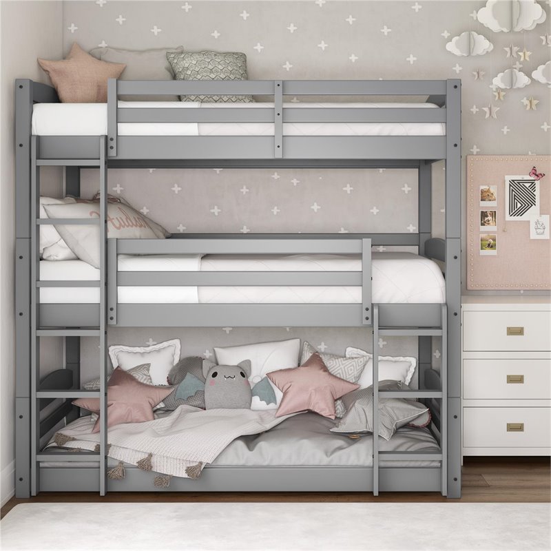 Bowery Hill Transitional Twin Triple Wooden Bunk Bed in Gray