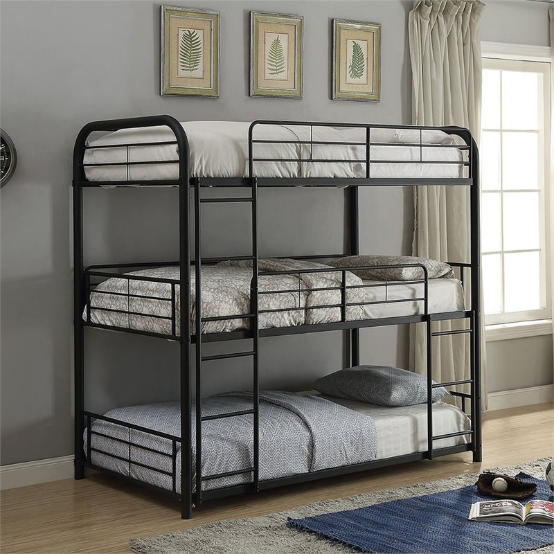 Bowery Hill Contemporary Metal Twin Triple Bunk Bed in Sandy Black
