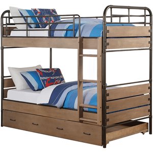 bowery hill twin over twin wood panel bunk bed with trundle in antique oak