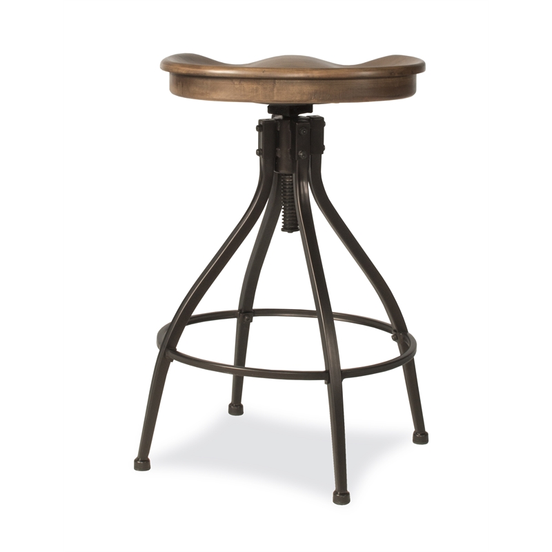 Bowery Hill Adjustable Wooden Swivel Backless Bar Stool in Distressed Walnut