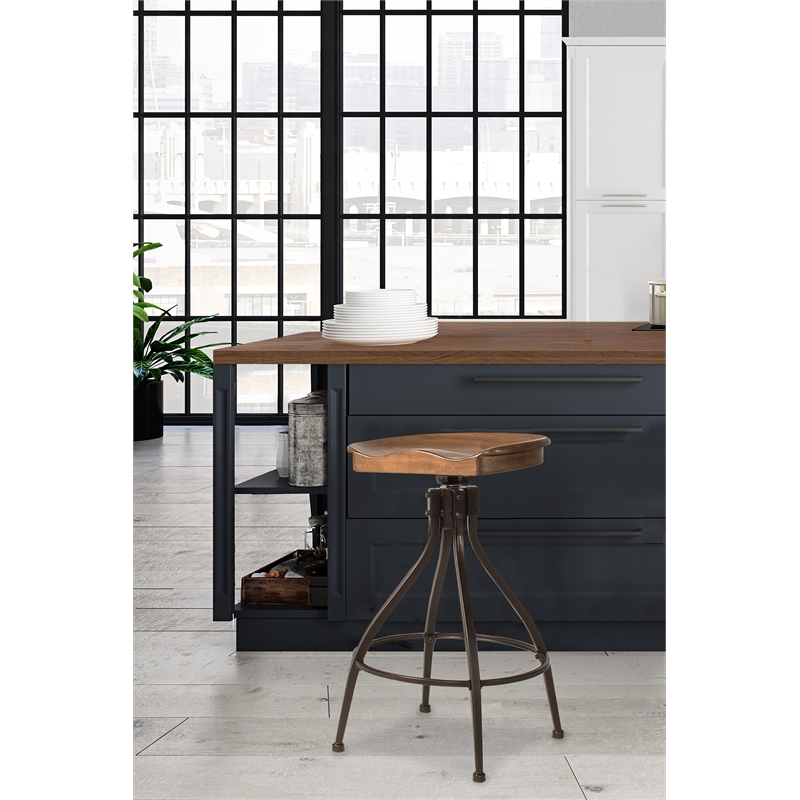 Bowery Hill Adjustable Wooden Swivel Backless Bar Stool in Distressed Walnut