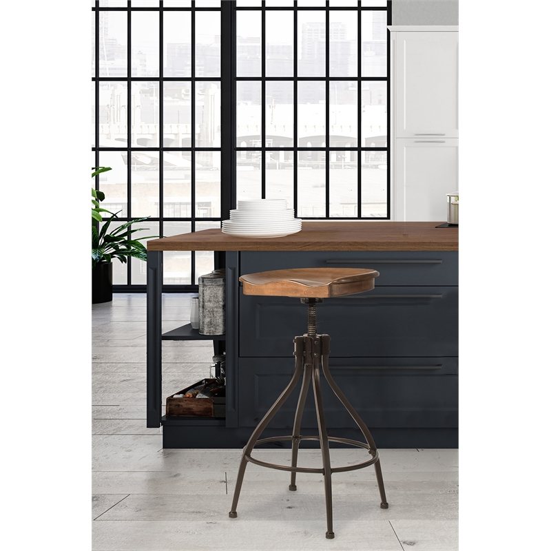 Bowery Hill Adjustable Wooden Swivel Backless Bar Stool in Distressed Walnut