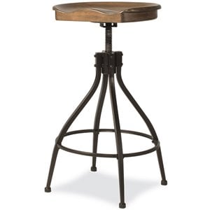 Bowery Hill Adjustable Wooden Swivel Backless Bar Stool in Distressed Walnut