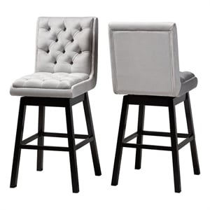 Bowery Hill 31.1&quot Contemporary Velvet Tufted Swivel Bar Stool in Gray (Set of 2)