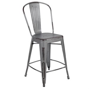 Bowery Hill 24&quot Metal Slat Back Counter Stool in Distressed Silver Gray