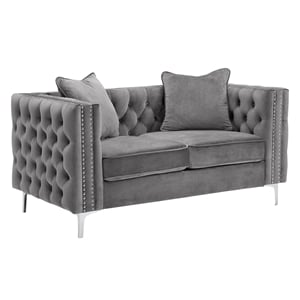 Bowery Hill 63&quot Button Tufted Velvet Contemporary Loveseat-Gray