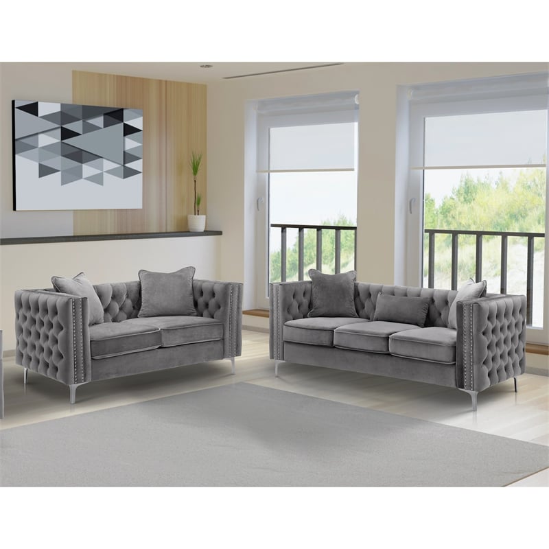 Bowery Hill 2 Piece Button Tufted Velvet Contemporary Sofa Set -Gray