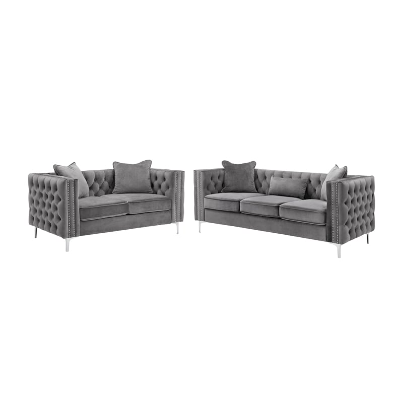 Bowery Hill 2 Piece Button Tufted Velvet Contemporary Sofa Set -Gray