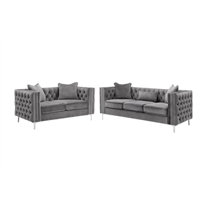Bowery Hill 2 Piece Button Tufted Velvet Contemporary Sofa Set -Gray