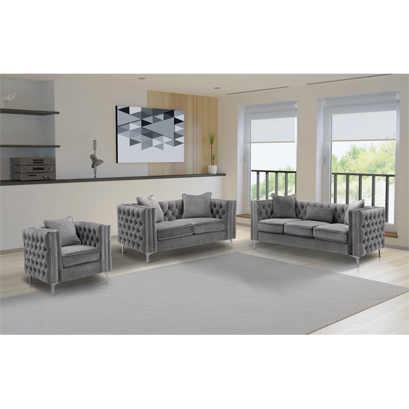 Bowery Hill 3-Piece Tufted Modern Velvet Living Room Set in Gray