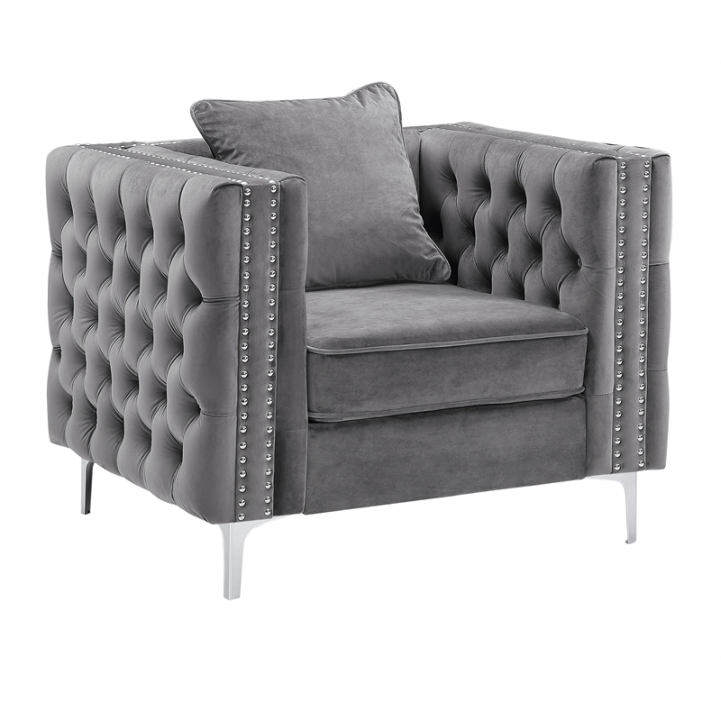 Bowery Hill 3-Piece Tufted Modern Velvet Living Room Set in Gray