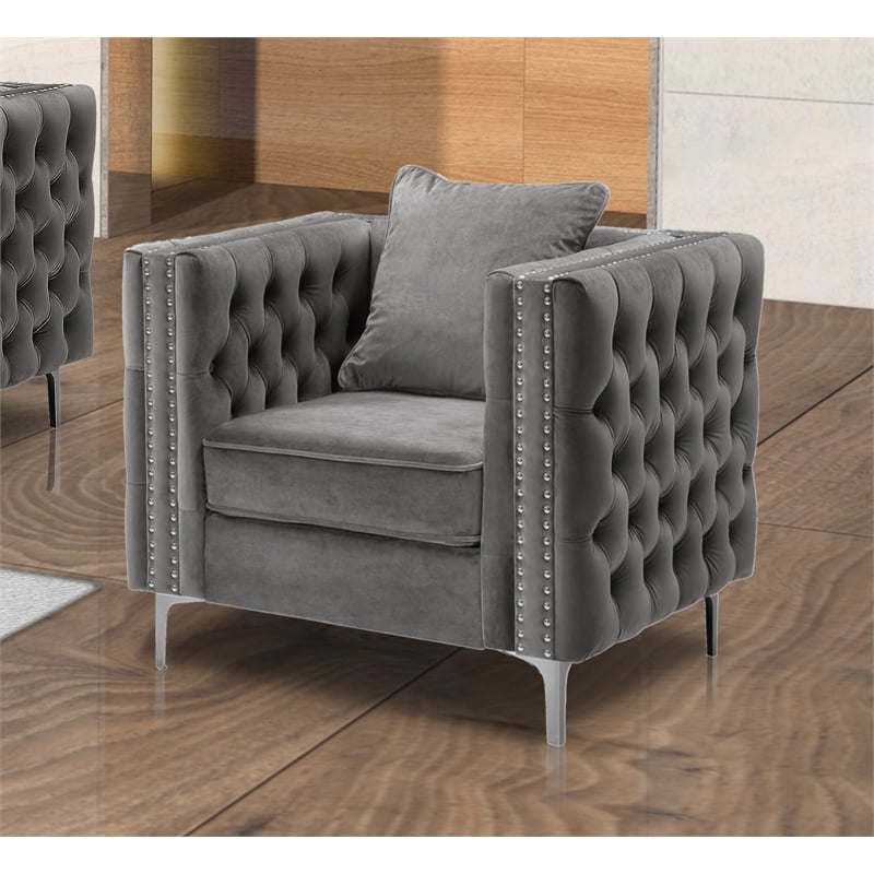 Bowery Hill 3-Piece Tufted Modern Velvet Living Room Set in Gray