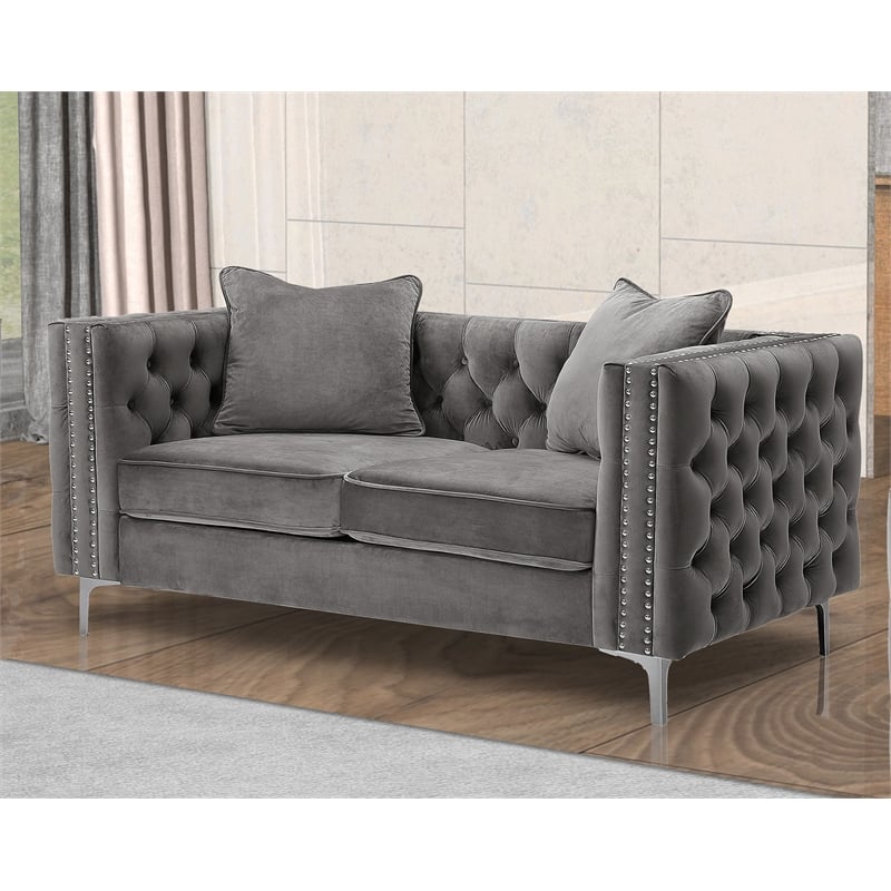 Bowery Hill 3-Piece Tufted Modern Velvet Living Room Set in Gray