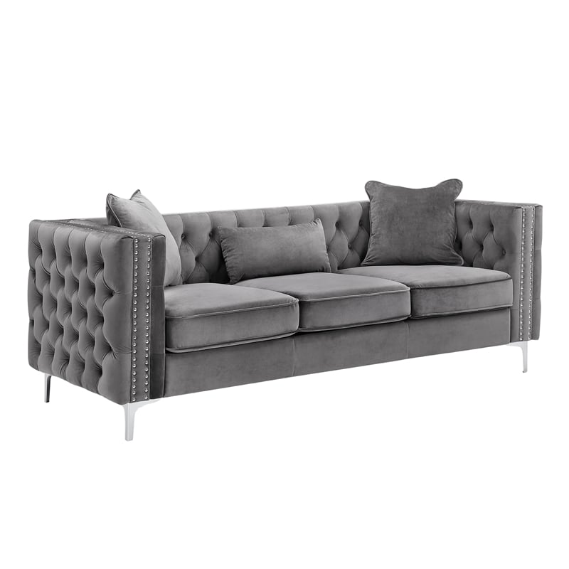 Bowery Hill 3-Piece Tufted Modern Velvet Living Room Set in Gray