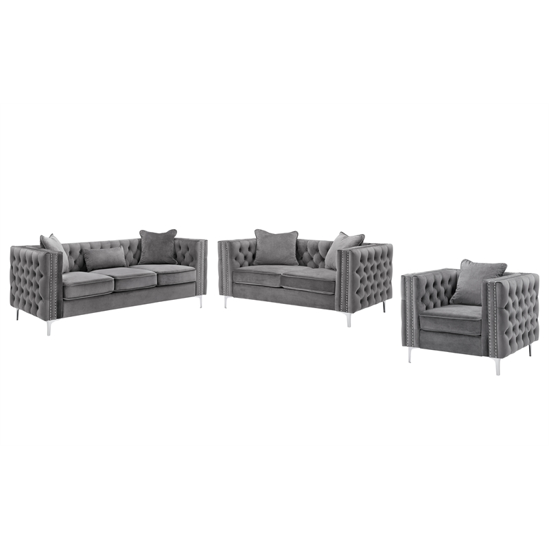 Bowery Hill 3-Piece Tufted Modern Velvet Living Room Set in Gray