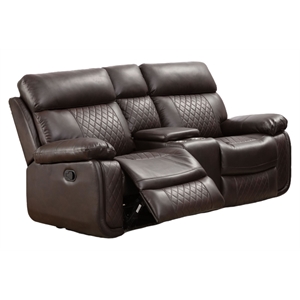 bowery hill reclining faux leather loveseat with storage console - brown