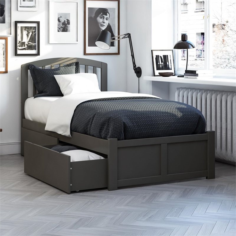 Bowery Hill  Richmond Twin XL Wood Platform Bed & Storage Drawers in Grey
