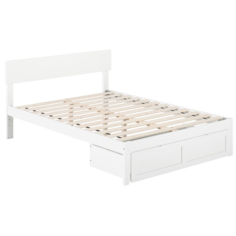 Bowery Hill Modern Wood Full Bed with Foot Drawer & Slat Kit in White