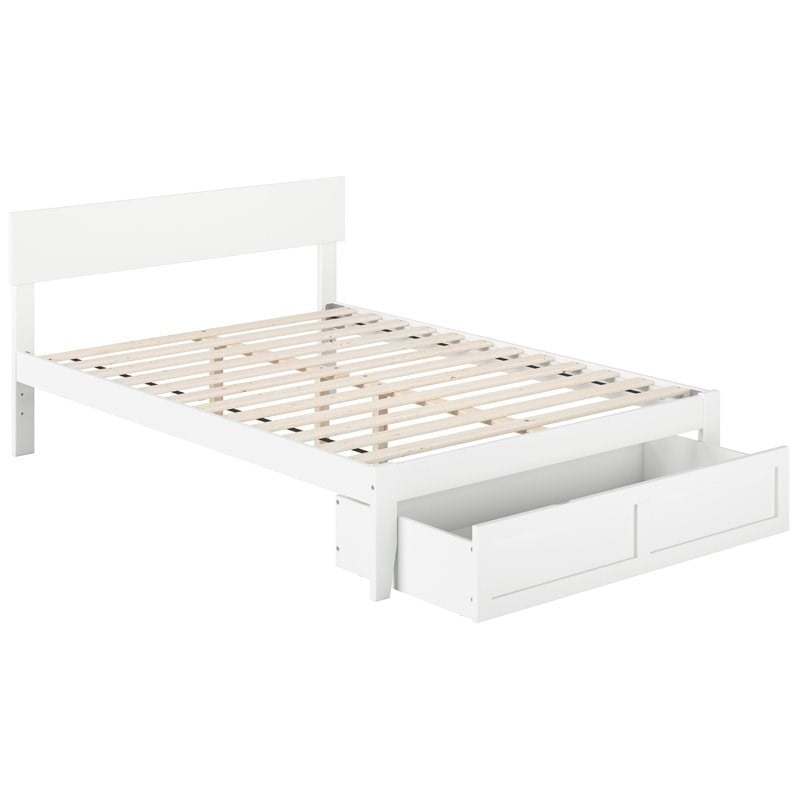 Bowery Hill Modern Wood Full Bed with Foot Drawer & Slat Kit in White
