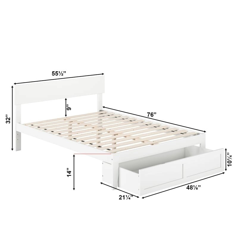 Bowery Hill Modern Wood Full Bed with Foot Drawer & Slat Kit in White