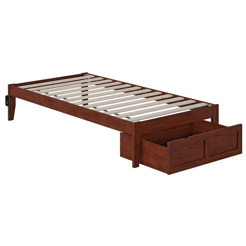 Bowery Hill Modern Solid Wood Twin Bed with Foot Drawer in Walnut