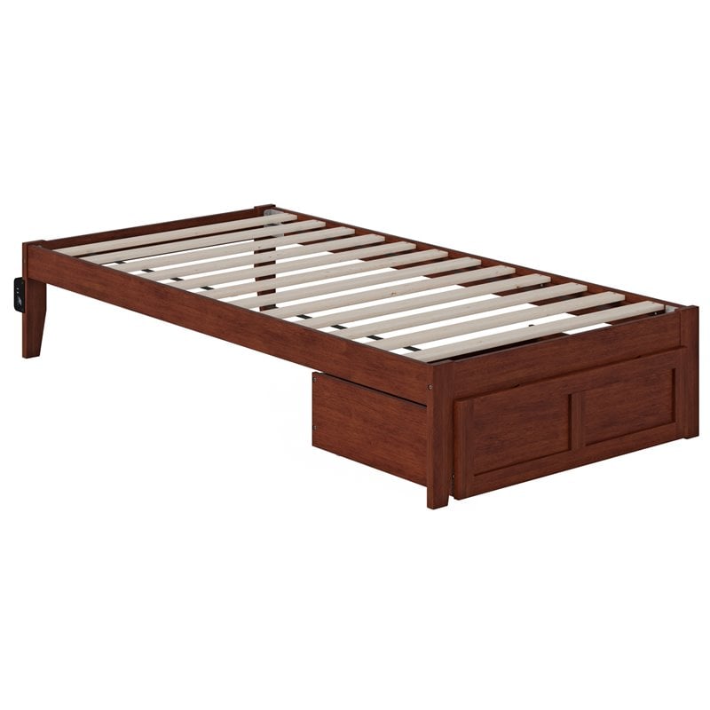 Bowery Hill Modern Solid Wood Twin Bed with Foot Drawer in Walnut