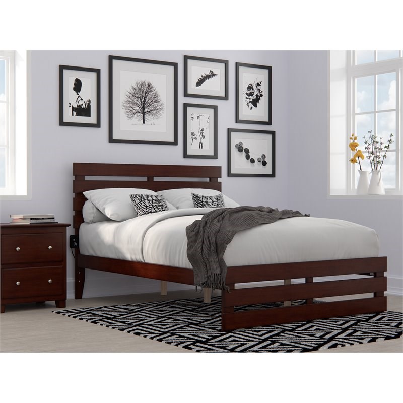 Bowery Hill Modern Solid Wood Full Bed with Footboard and USB Charger in Walnut