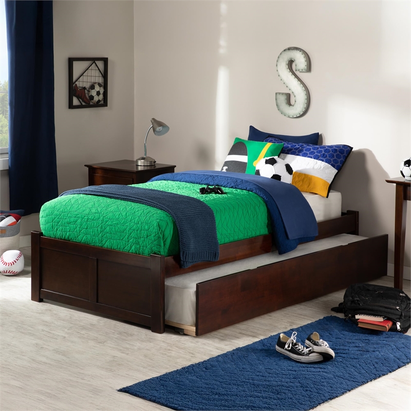 Bowery Hill Twin XL Platform Panel Bed with Trundle in Walnut