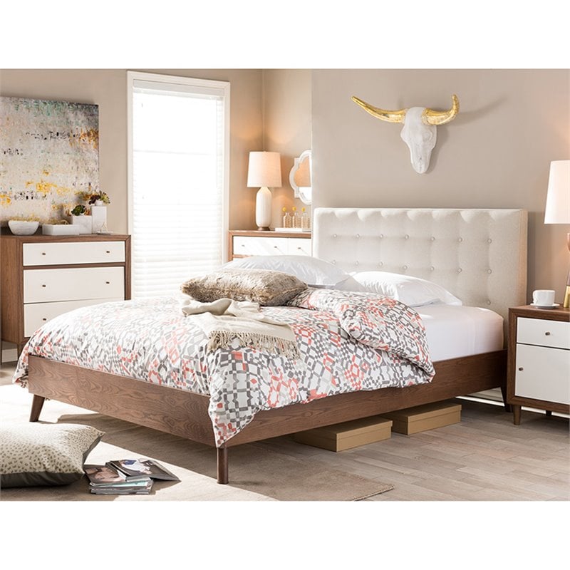 Bowery Hill Tufted Queen Panel Platform Bed in Light Beige