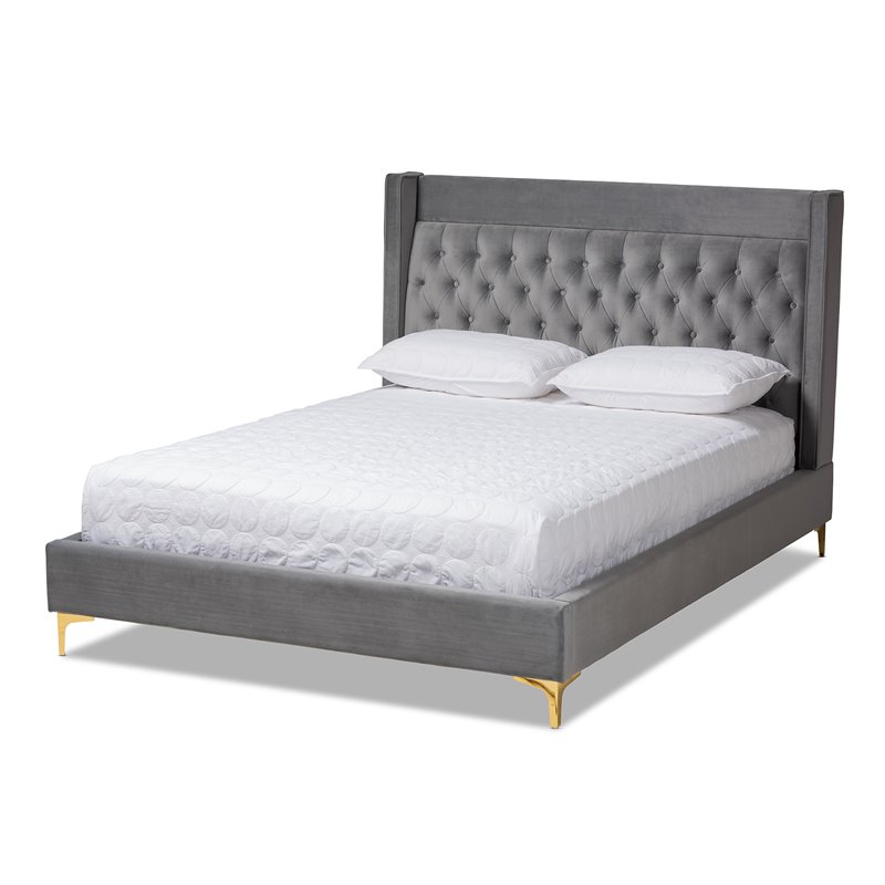 Bowery Hill Modern Button Tufted Velvet Fabric Platform Queen Bed in Dark Gray
