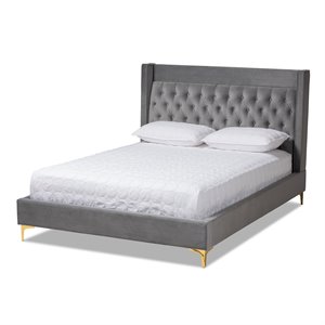 Bowery Hill Velvet Dark Gray Platform Bed Rectangular 66.1&quotW x 89.2&quotD Unassembled