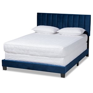 Bowery Hill Full Size Navy Blue Velvet Panel Bed with Tufted Headboard
