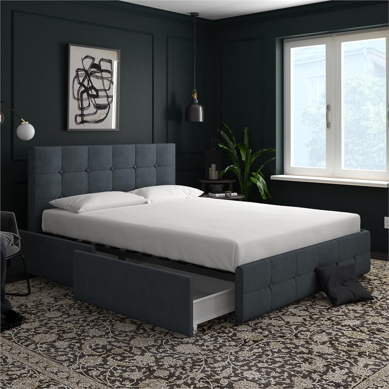 Bowery Hill Mid-Century Button Tufted Fabric Full Storage Platform Bed in Blue