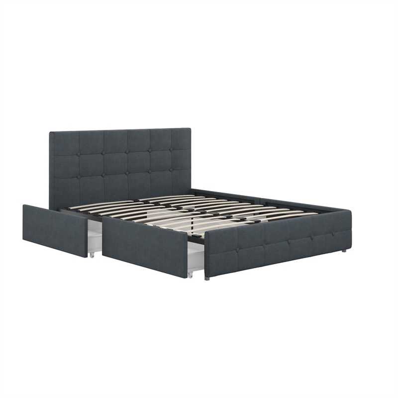 Bowery Hill Mid-Century Button Tufted Fabric Full Storage Platform Bed in Blue