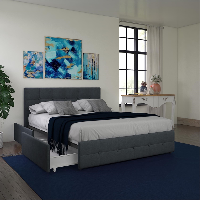 Bowery Hill Mid-Century Button Tufted Fabric Full Storage Platform Bed in Blue